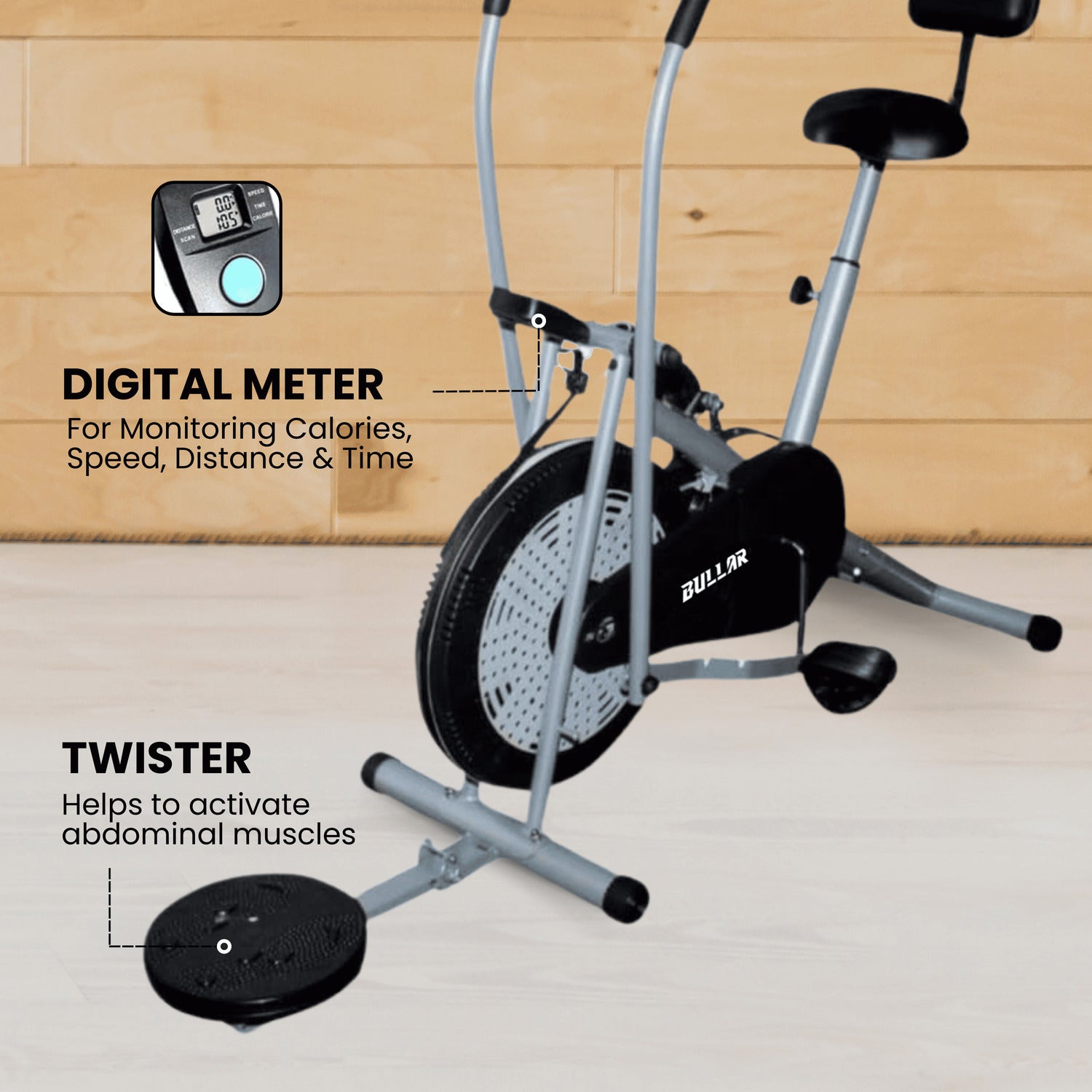 Air Bike Exercise Cycle with Adjustable Cushioned Seat, Moving Handles, Backrest, Twister - All Models
