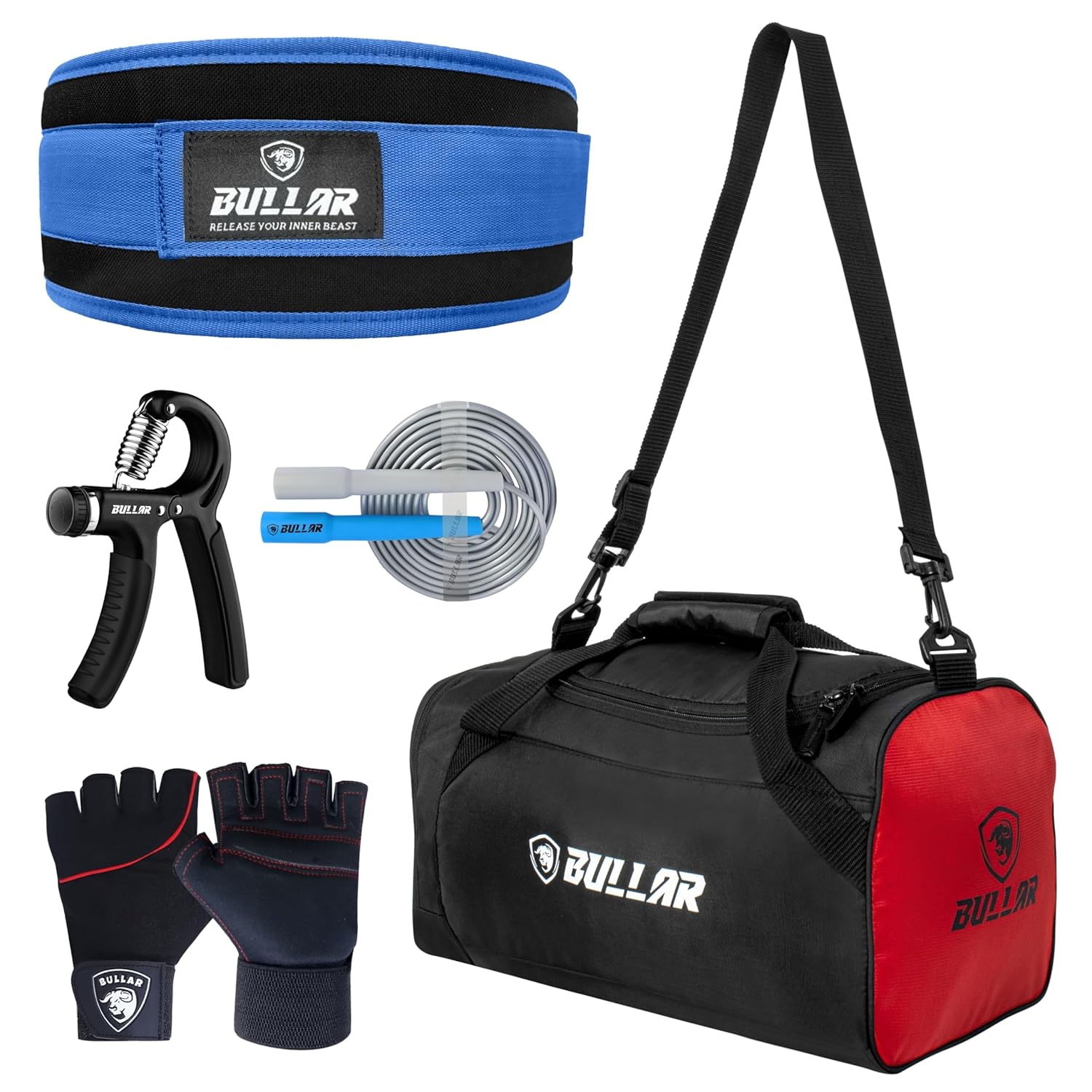 Gym Accessories Set with Duffle Bag, Weight Lifting Belt, Hand Gripper, Jump Rope, Workout Gloves