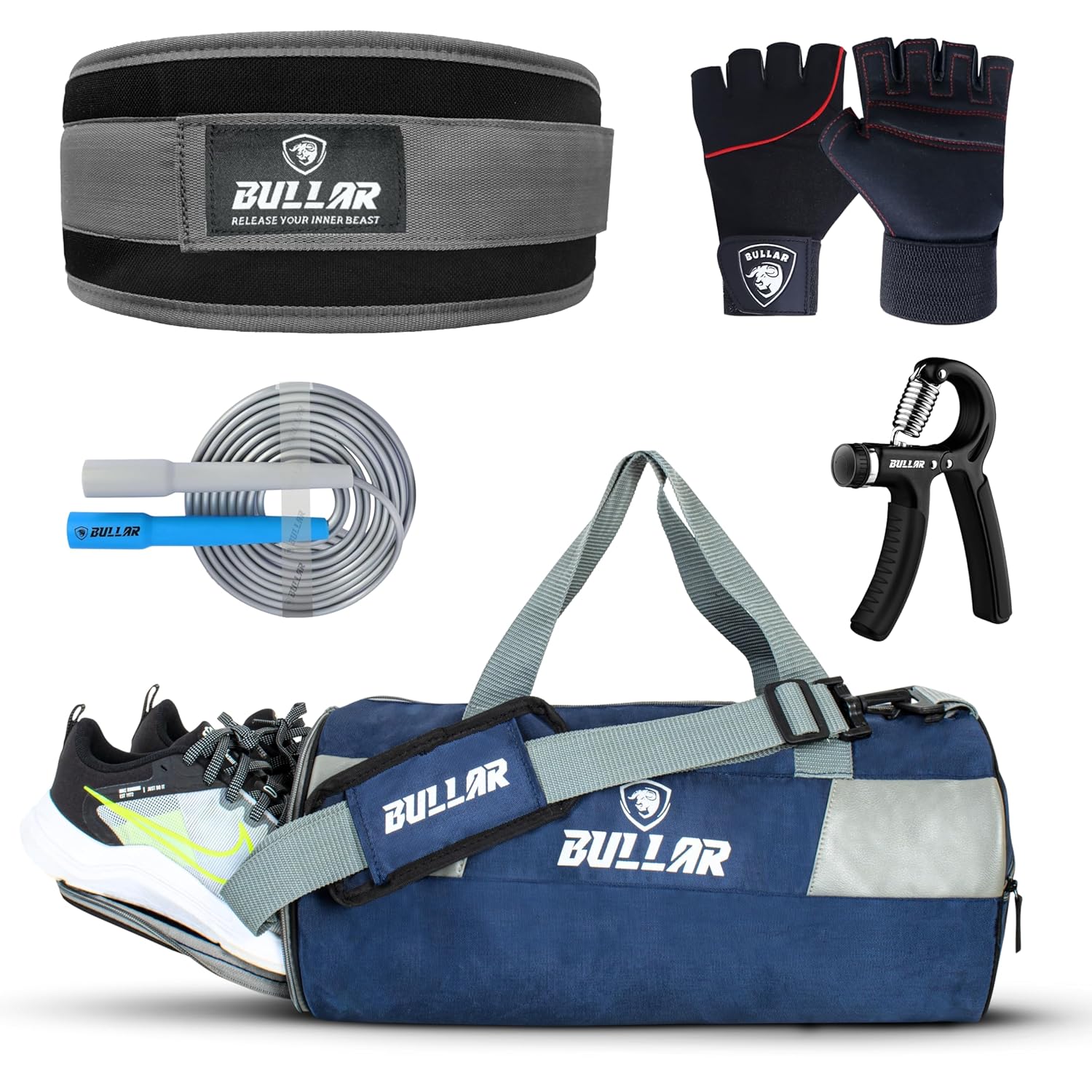 Gym Accessories Set with Round Duffle Bag, Weight Lifting Belt, Hand Gripper, Jump Rope, Workout Gloves