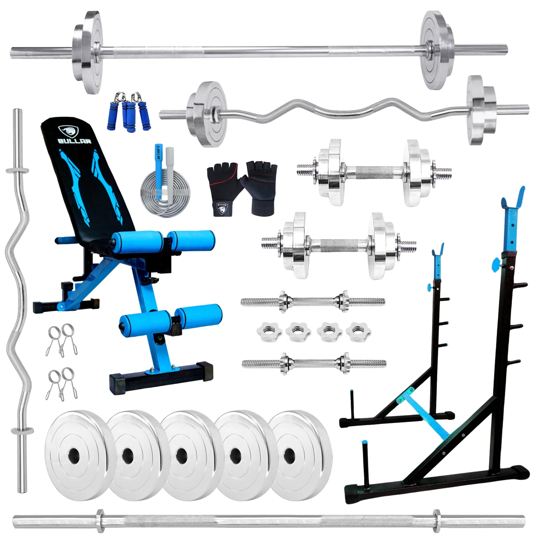 Squat Rack + Adjustable Bench Combo with Steel Weight Plates & Dumbbell Rods