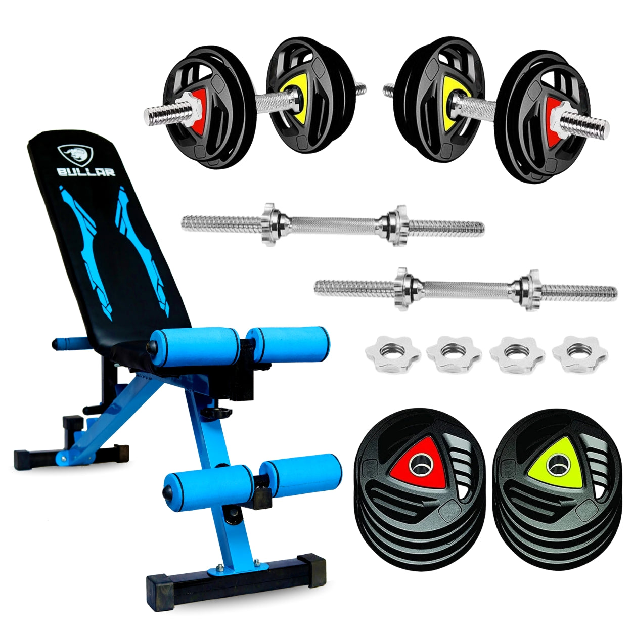 3-Cut Rubber Coated Dumbbells with Multipurpose Bench Combo for Home Gym Workout