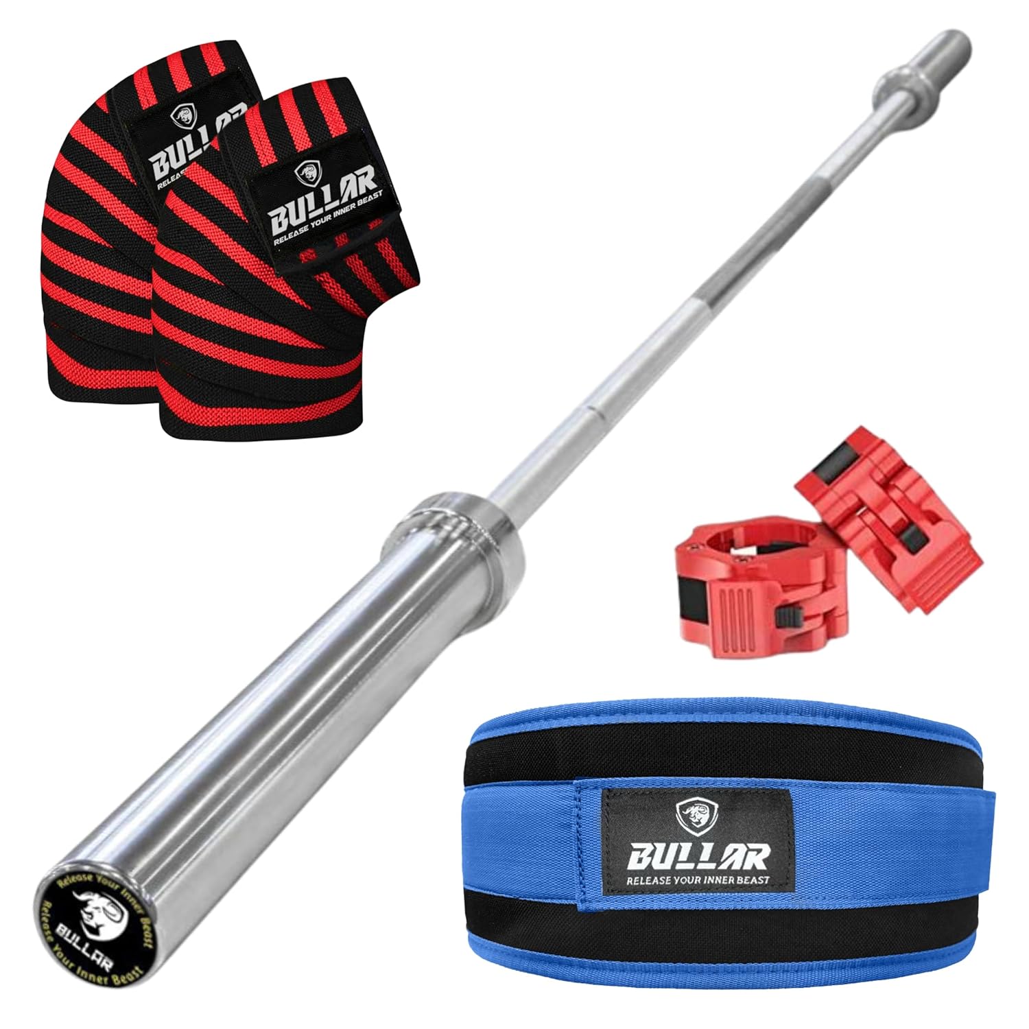 5ft. Olympic Barbell with Clamps, Weightlifting Gym Belt, Knee Wraps