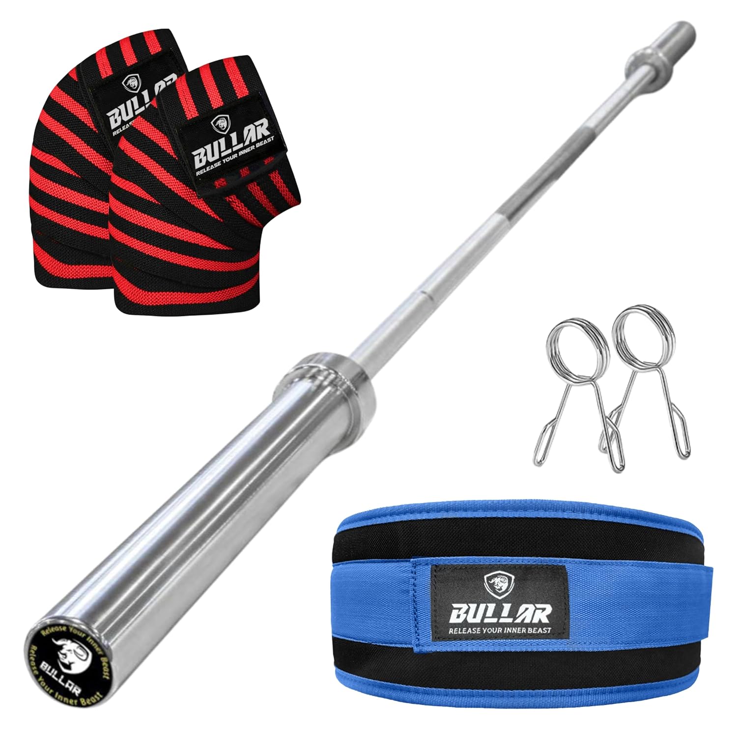5ft. Olympic Barbell with Spring Locks, Weightlifting Gym Belt, Knee Wraps