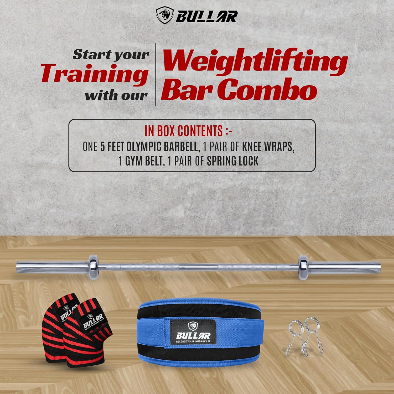 5ft. Olympic Barbell with Spring Locks, Weightlifting Gym Belt, Knee Wraps