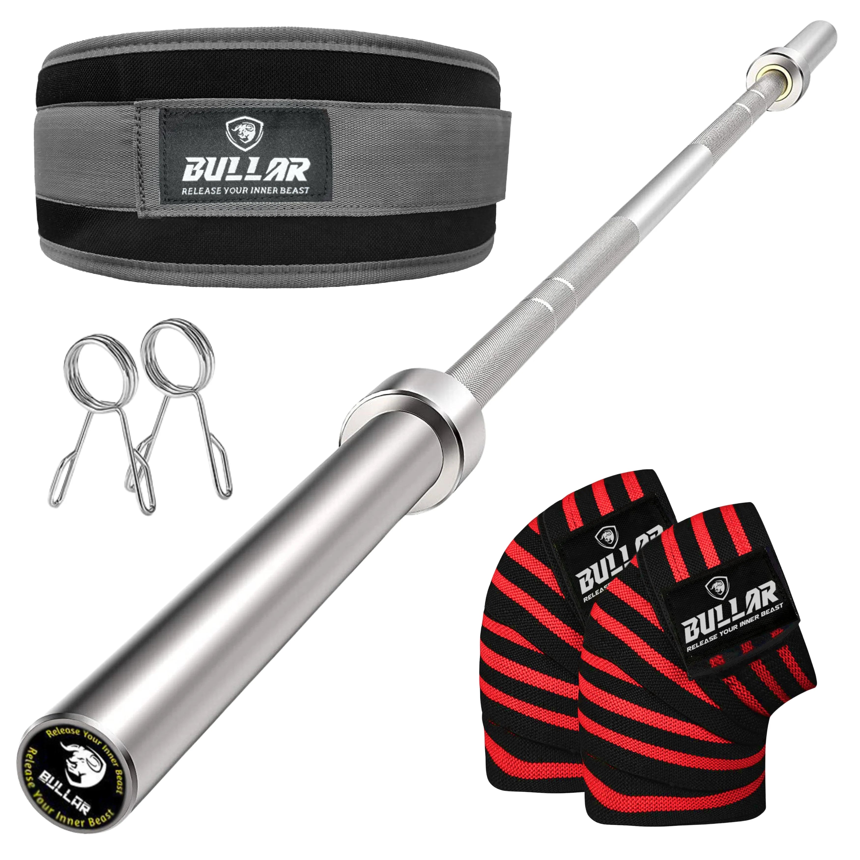 6ft. Olympic Barbell with Spring Locks, Weightlifting Gym Belt, Knee Wraps