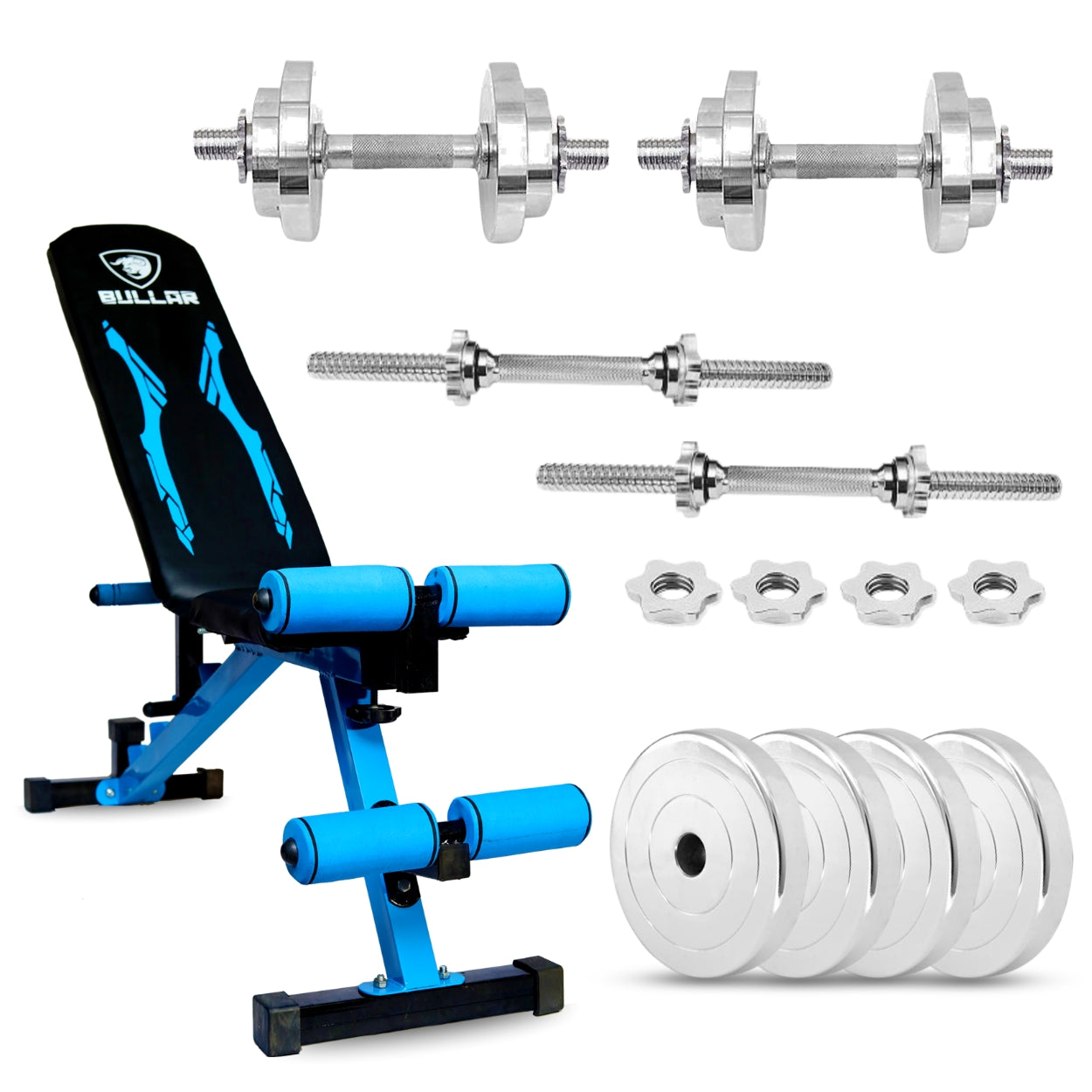 Adjustable Steel Dumbbell Set Combo with Multipurpose Bench, Weight Plates & Star Nut Dumbbell Rods