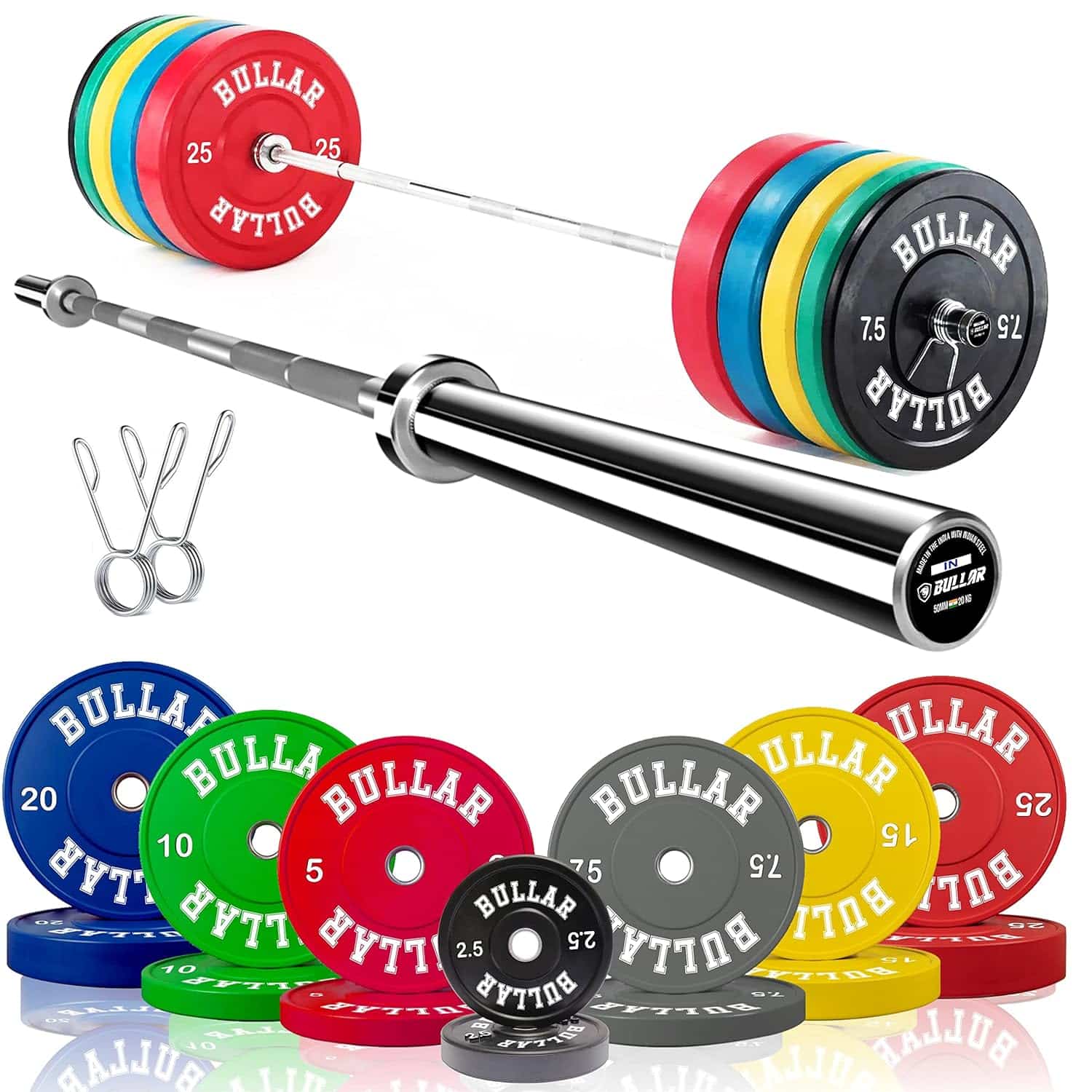 Colored Bumper Plates Home Gym Set with Olympic Barbell