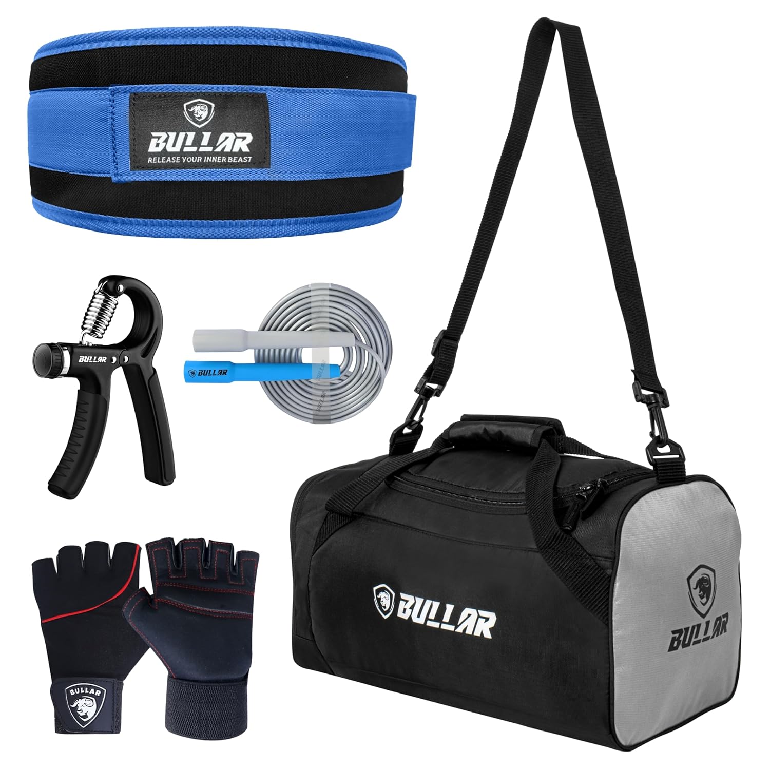 Gym Accessories Set with Duffle Bag, Weight Lifting Belt, Hand Gripper, Jump Rope, Workout Gloves