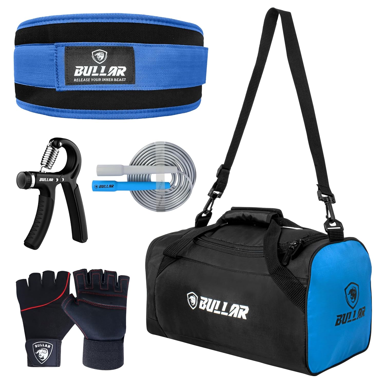 Gym Accessories Set with Duffle Bag, Weight Lifting Belt, Hand Gripper, Jump Rope, Workout Gloves