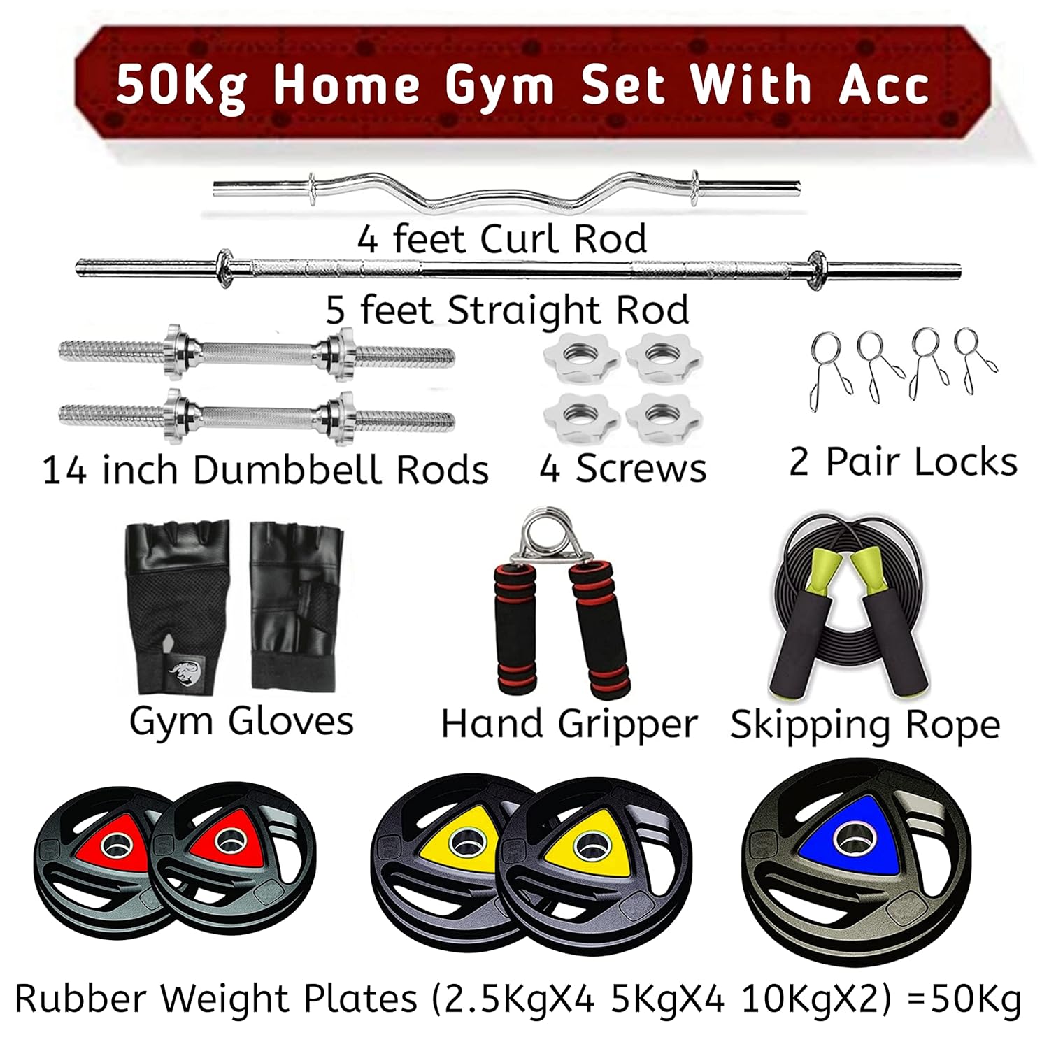 Professional 3-Cut Home Gym Combo Set with Star Nut Dumbbell Rods