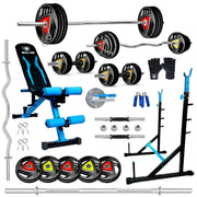 Squat Rack + Adjustable Bench Combo with 3-Cut Rubber Coated Weight Plates & Solid Dumbbell Rods