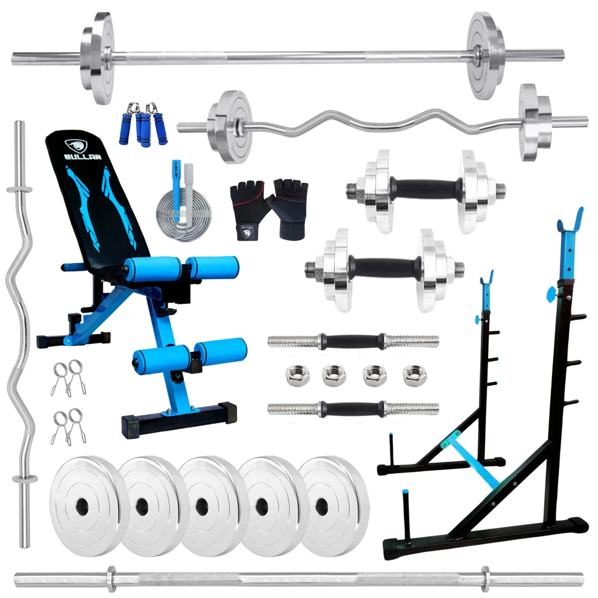 Squat Rack + Adjustable Bench Combo with Steel Weight Plates & Solid Dumbbell Rods