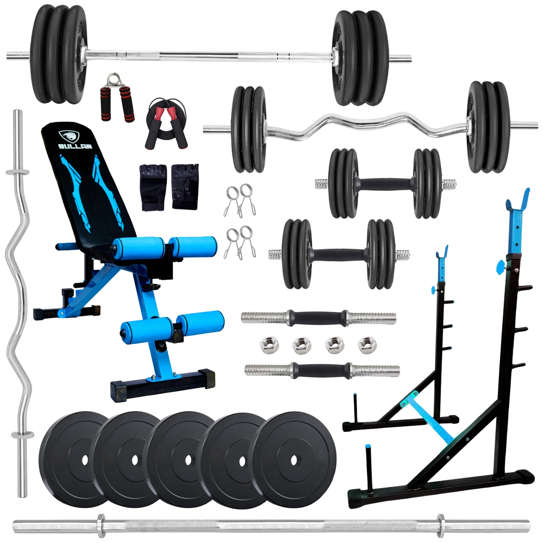 Squat Rack + Adjustable Bench Combo with 30KG Rubber Weight Plates & Dumbbell Rods
