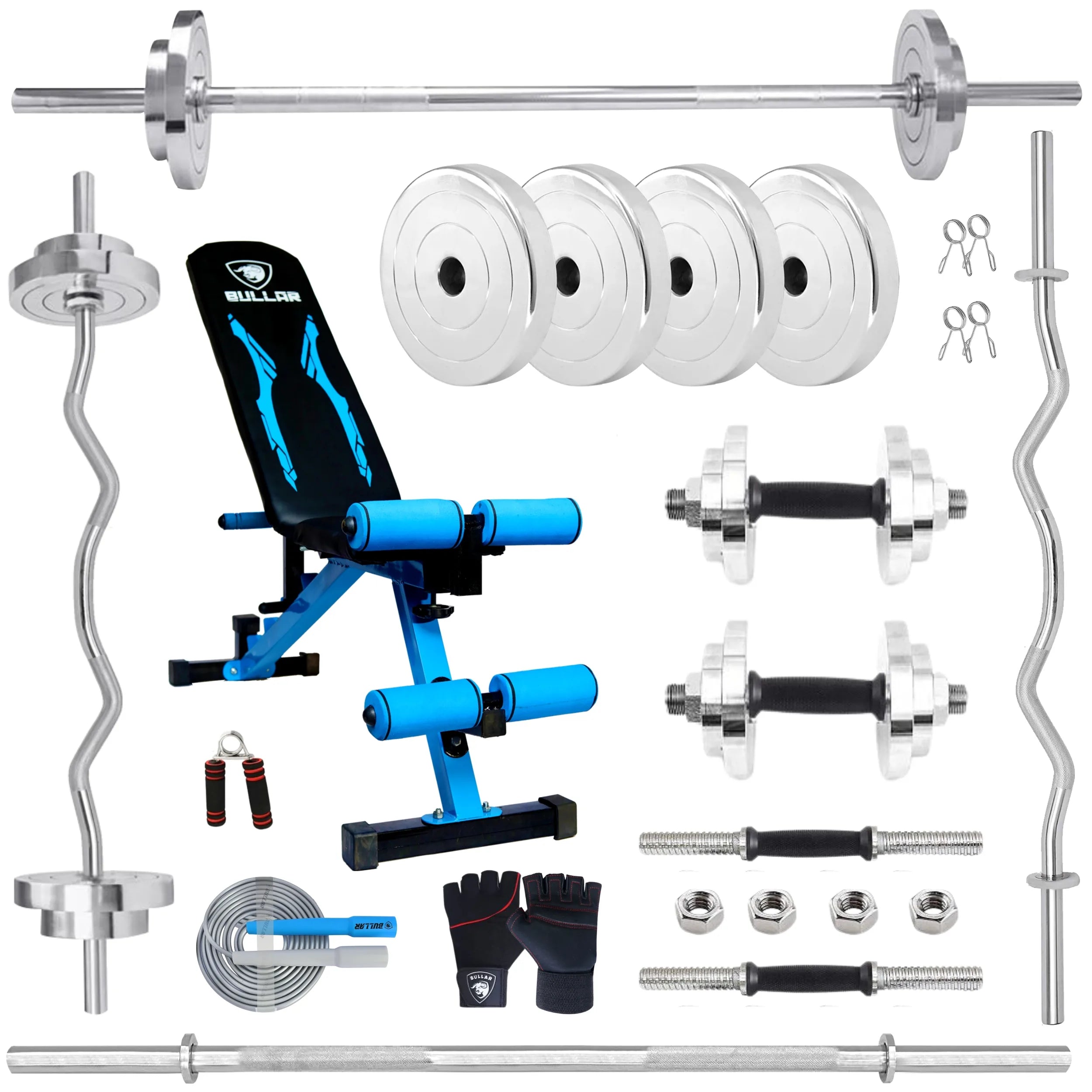 Steel Home Gym Set with Multipurpose Bench Combo with Solid Dumbbell Rods