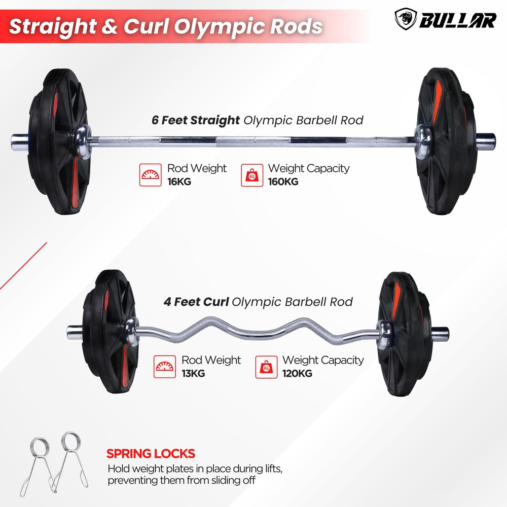 X-Cut Rubber Coated Home Gym Set with 6ft Straight/4ft. Curl Olympic Barbells