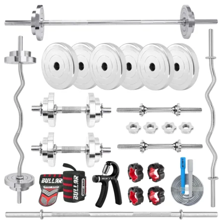 Steel Home Gym Set with 28mm 5Ft. Straight, 3Ft Curl Bar & 15" Star Nut Dumbbell Rod